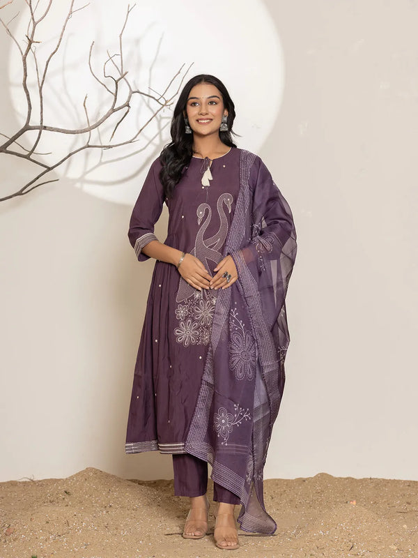 Purple Embroidery Cotton Anarkali Kurta Dupatta Set-Indiakreations-JS7018SKDPRS