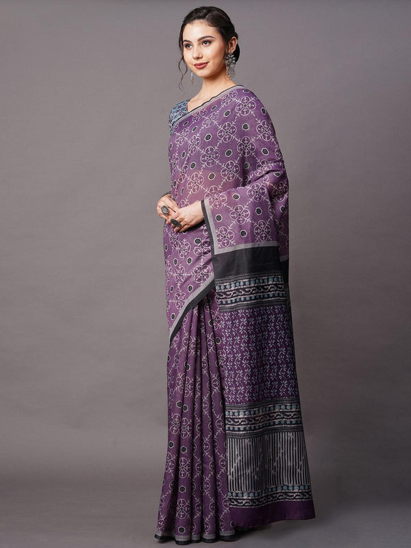 Women's Purple Festive Bhagalpuri Silk Printed Saree With Unstitched Blouse - Odette