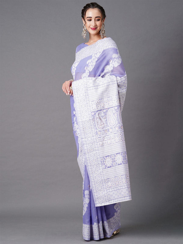 Women's Purple Festive Silk Blend Woven Design Saree With Unstitched Blouse - Odette