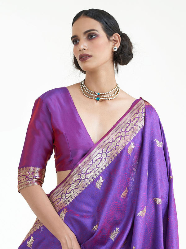 Women's Purple Festive Silk Blend Woven Design Saree With Unstitched Blouse - Odette