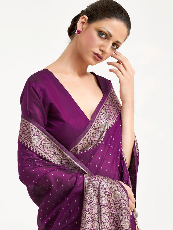 Women's Purple Festive Silk Blend Woven Design Saree With Unstitched Blouse - Odette