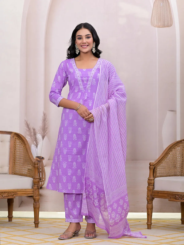 Purple Floral Cotton A-Line Suit Set