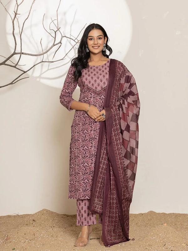 Purple Leaf Print Cotton Straight Kurta With Dupatta Set-Indiakreations-JS6972SKDPRS