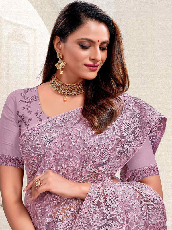 Women's Purple Net Designer Embroidered Heavy Net Saree - Odette