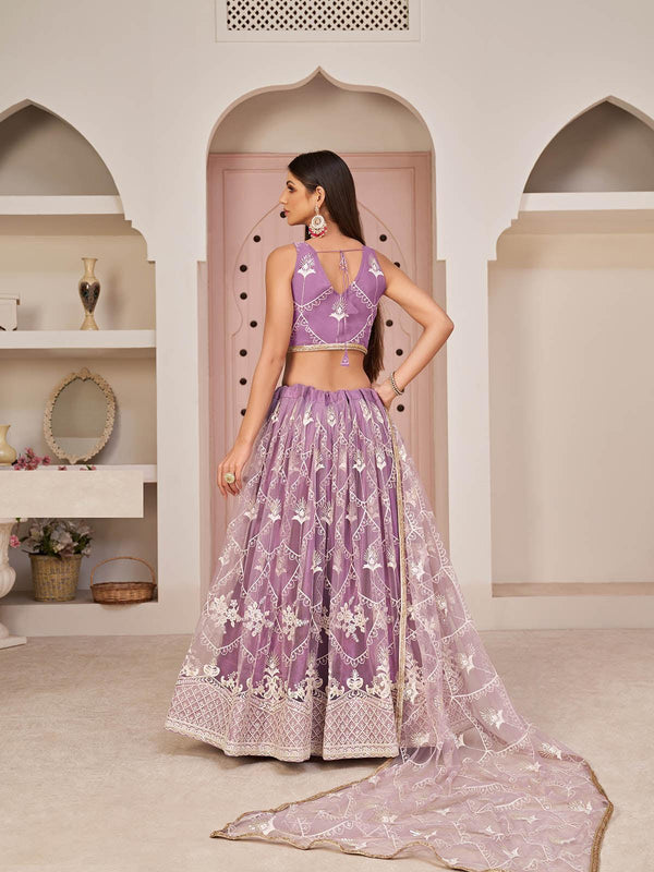 Women's Purple Net Embroidered Lehenga Choli - Odette