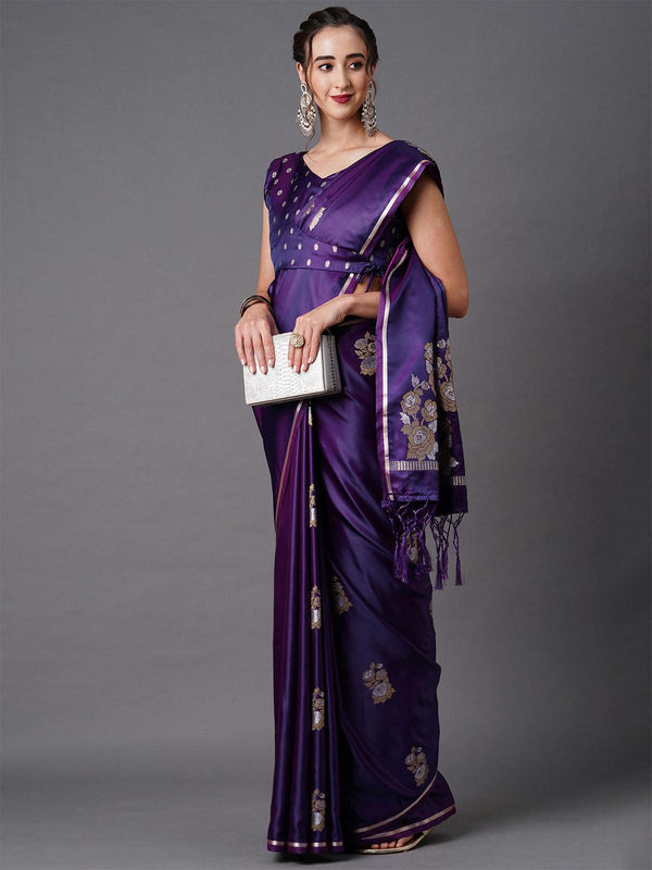 Women's Purple Party Wear Silk Blend Woven Design Saree With Unstitched Blouse - Odette