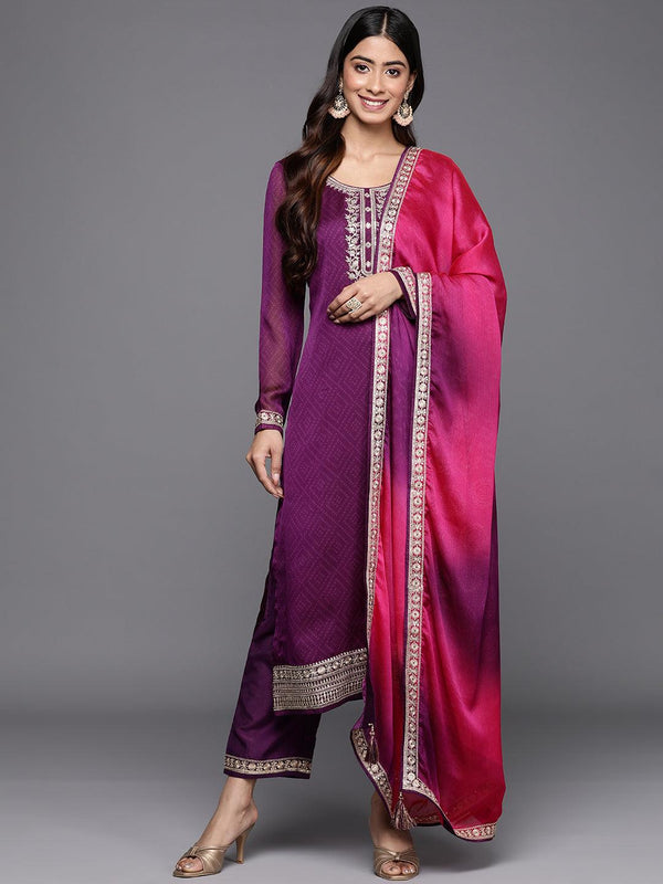 Purple Printed Chiffon Straight Kurta With Trousers & Dupatta - Jashvi