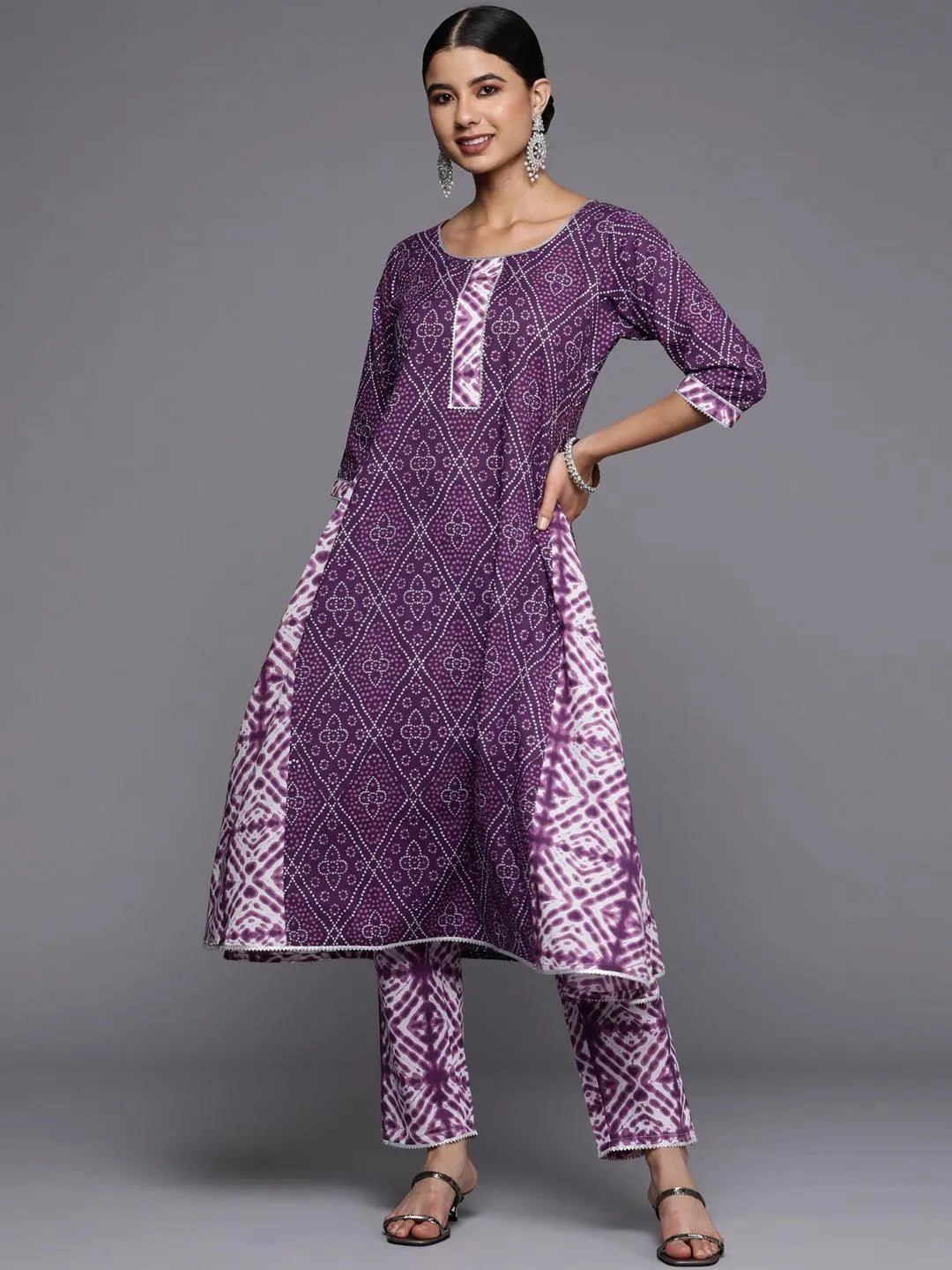 Purple Printed Cotton A-Line Kurta - Jashvi