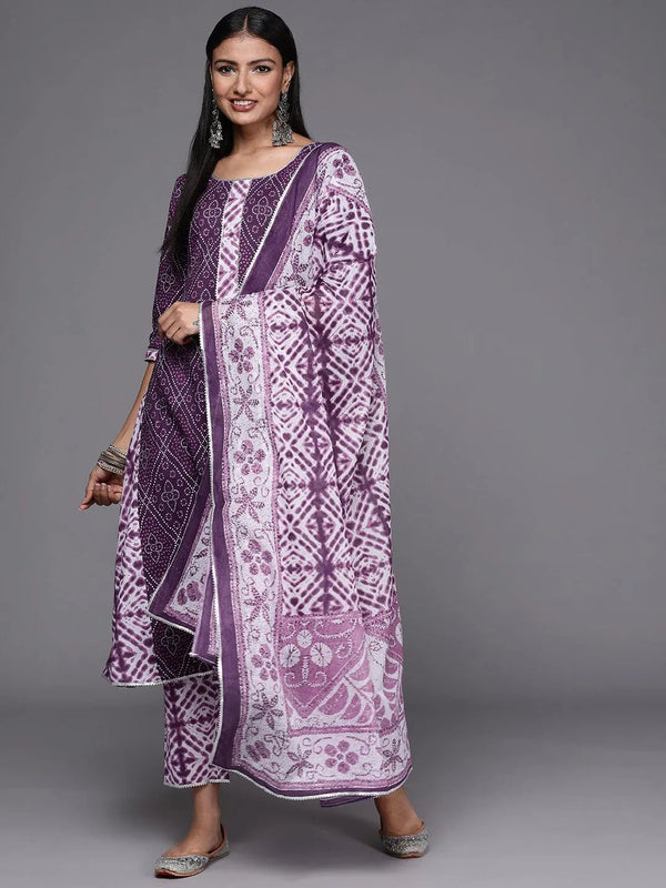 Purple Printed Cotton A-Line Suit Set - Jashvi