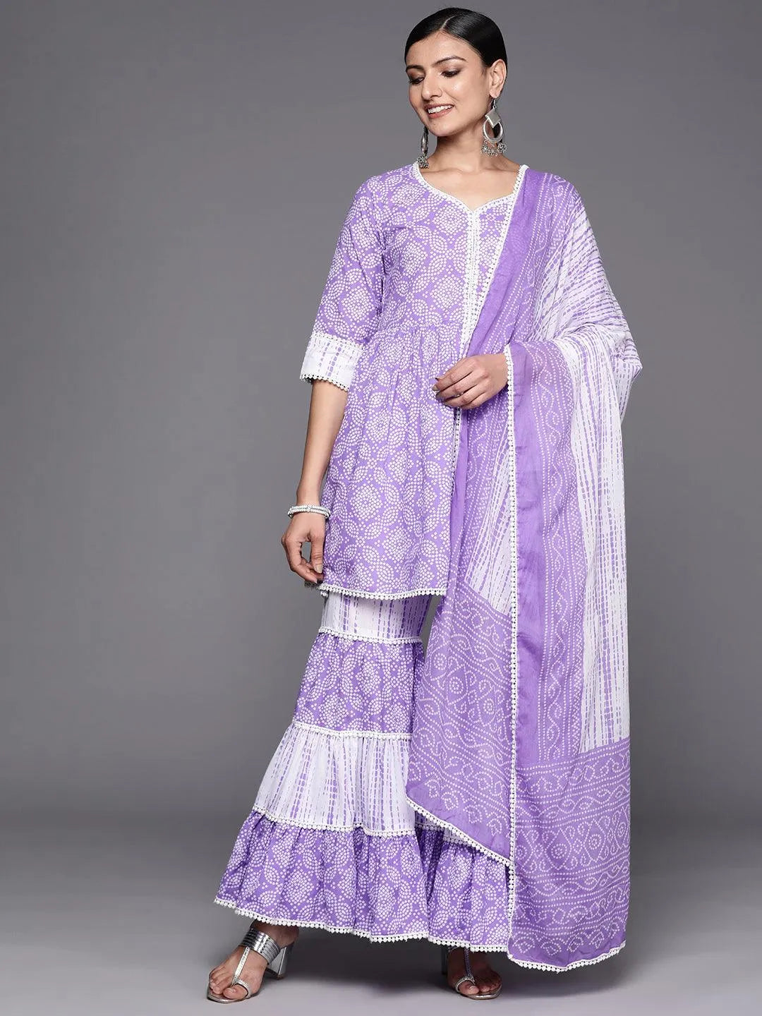 Purple Printed Cotton Anarkali Sharara Suit Set - Jashvi