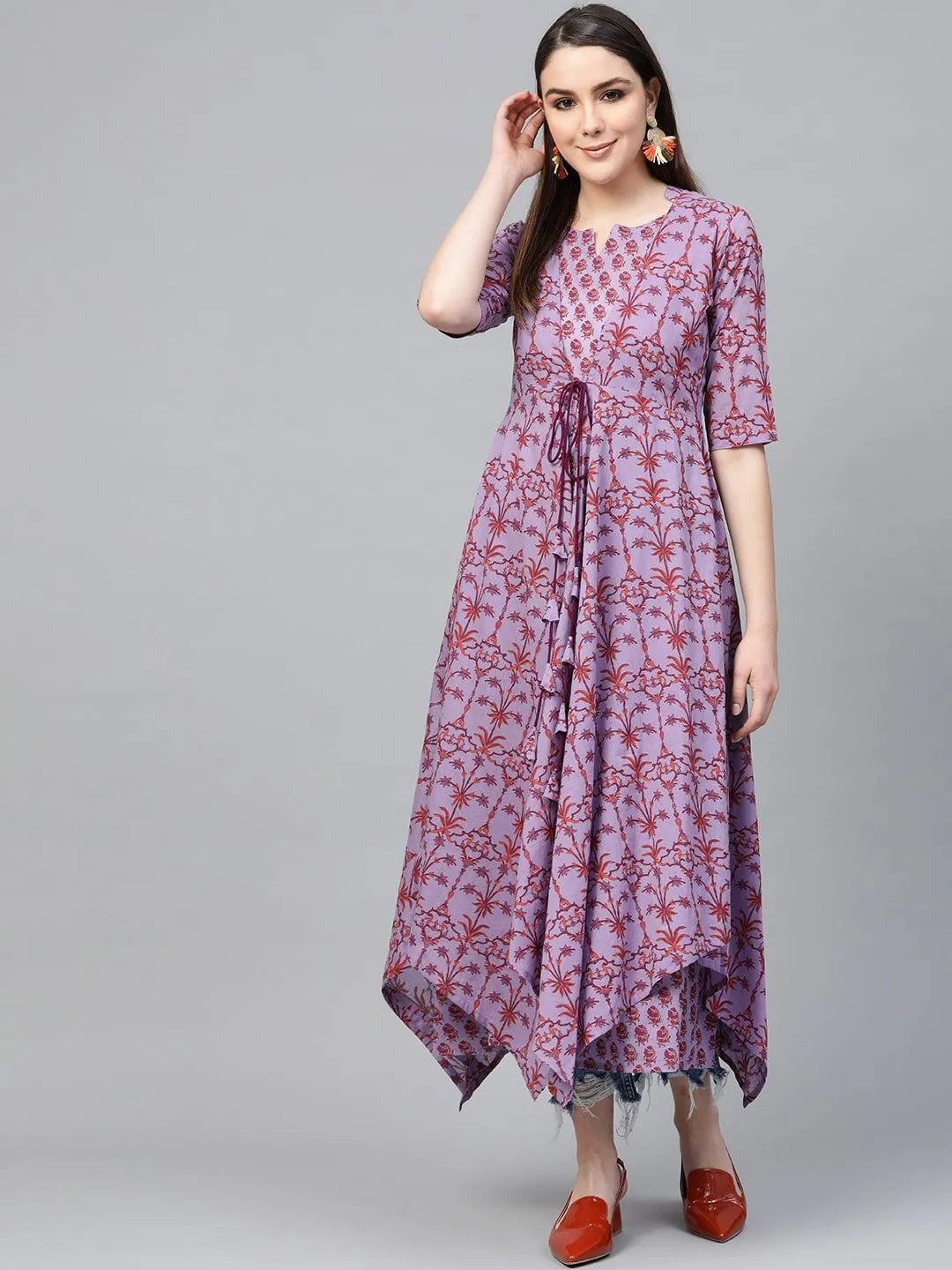 Purple Printed Cotton Dress - Jashvi