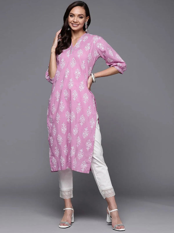 Purple Printed Cotton Straight Kurta - Jashvi