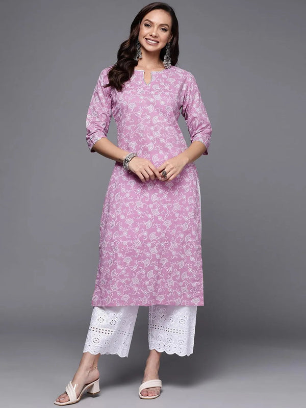 Purple Printed Cotton Straight Kurta - Jashvi