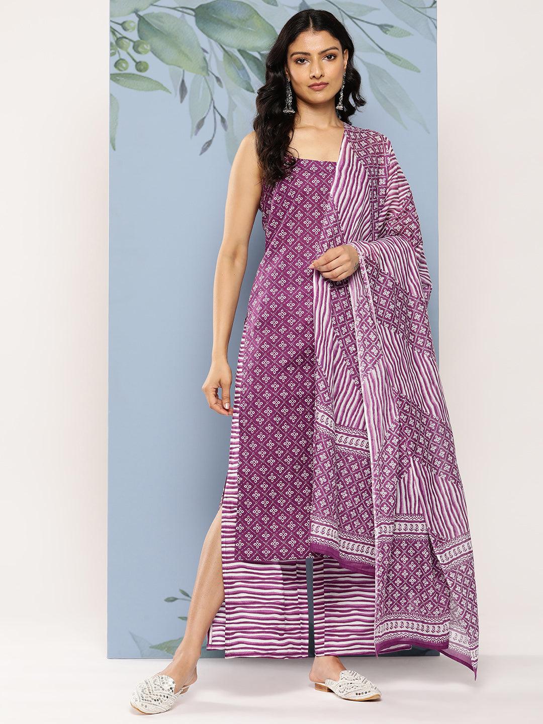 Purple Printed Cotton Straight Suit Set With Palazzos - Jashvi