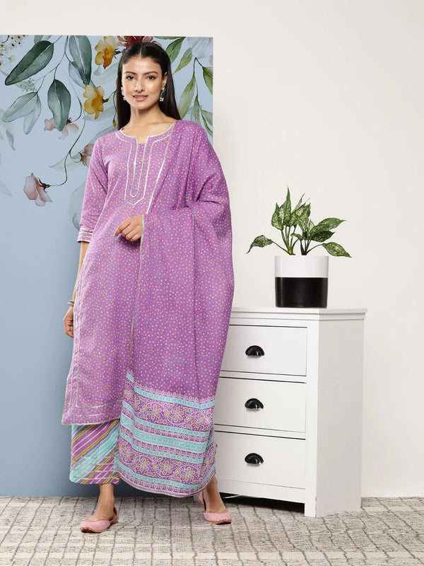 Purple Printed Cotton Suit Set With Palazzos - Jashvi