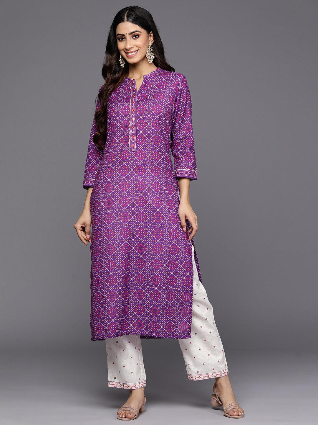 Purple Printed Cotton Straight Kurta Set With Trousers - Jashvi