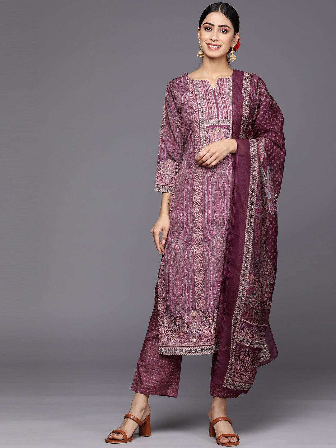 Purple Printed Crepe Straight Suit Set With Trousers - Jashvi