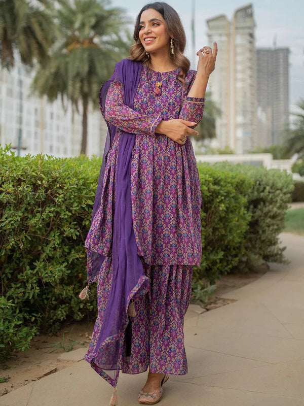 Purple Printed Georgette Suit Set - Jashvi