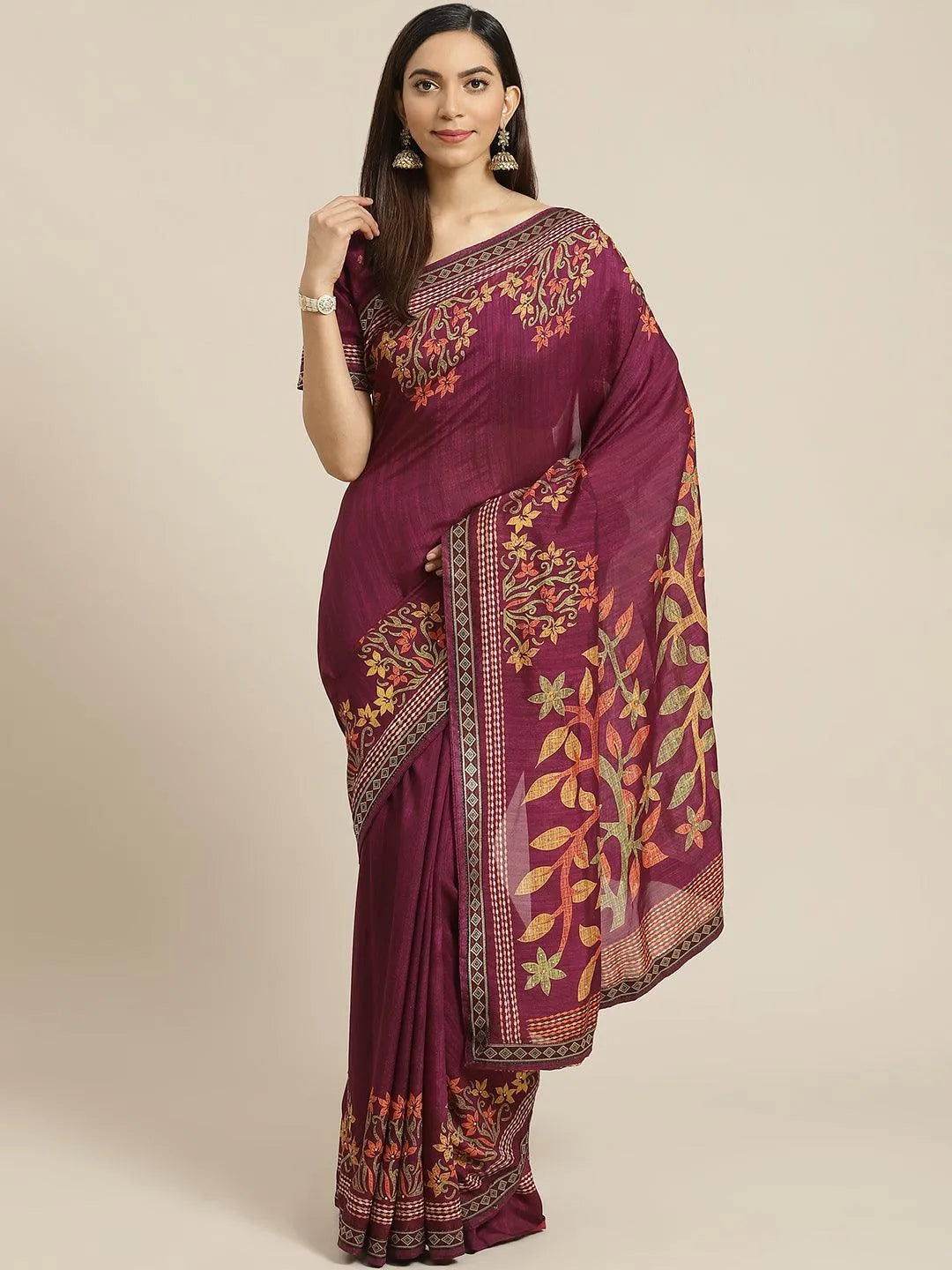 Purple Printed Polyester Saree - Jashvi