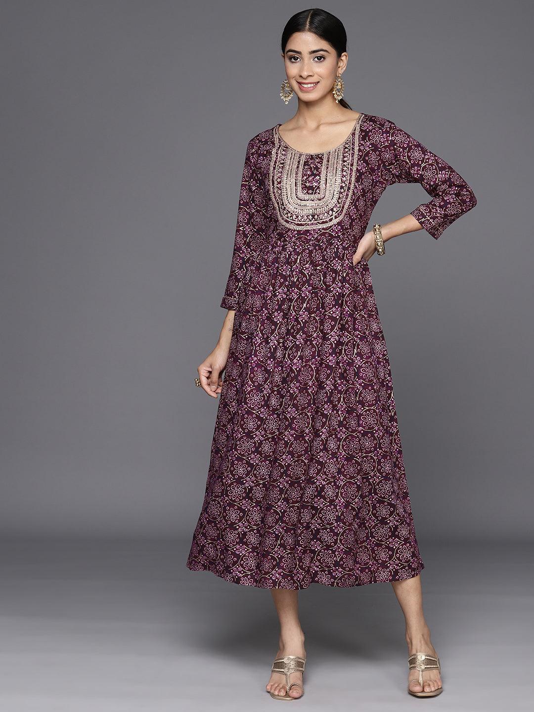 Purple Embellished Rayon Fit and Flare Dress - Jashvi