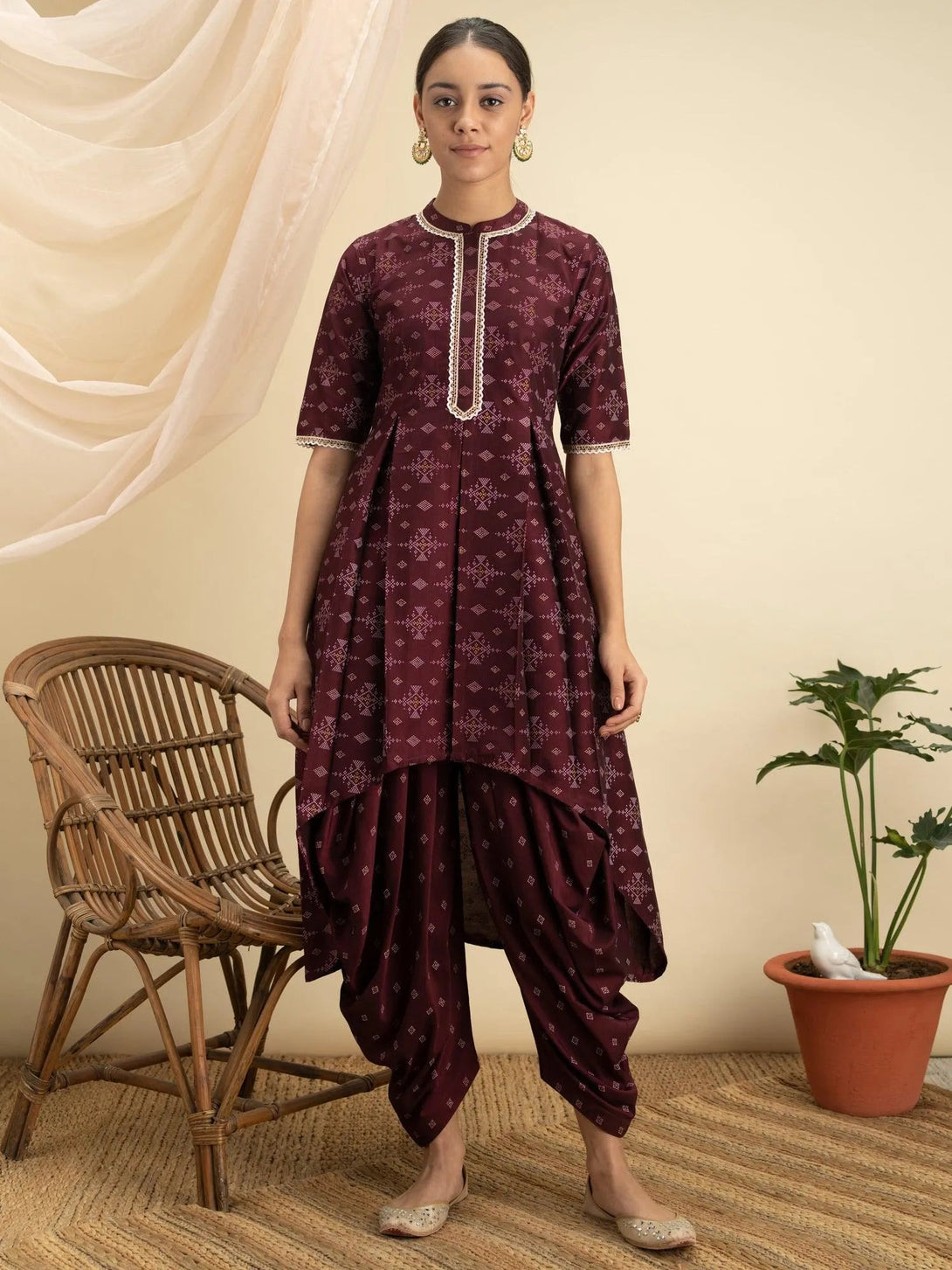 Purple Printed Silk A-Line Kurta Set - Jashvi