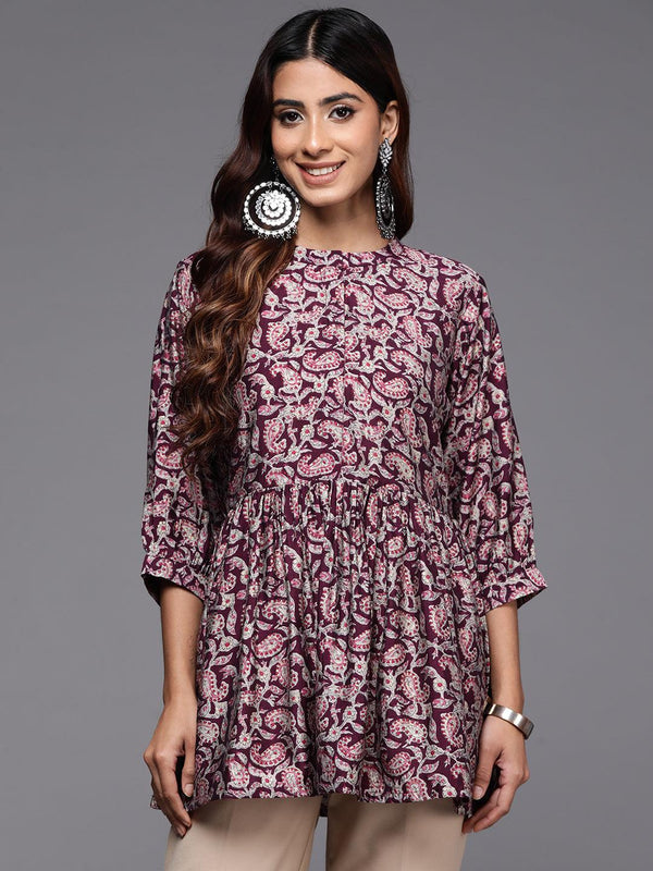 Purple Printed Silk Blend A-Line Kurti - Jashvi