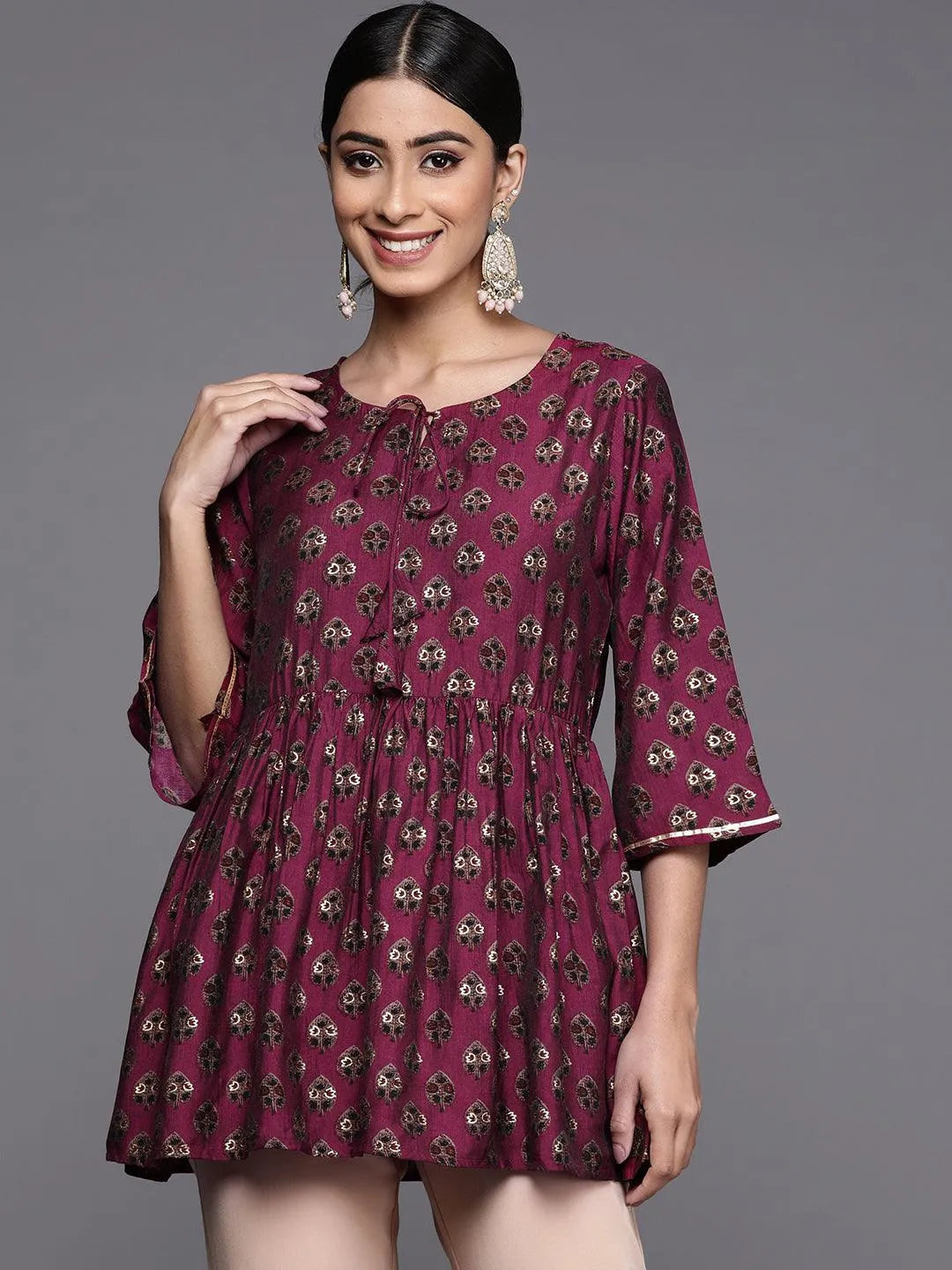 Purple Printed Silk Blend A-Line Kurti - Jashvi