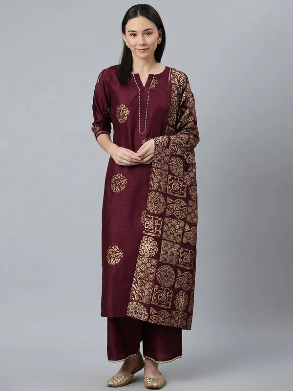 Purple Printed Silk Blend Suit Set - Jashvi