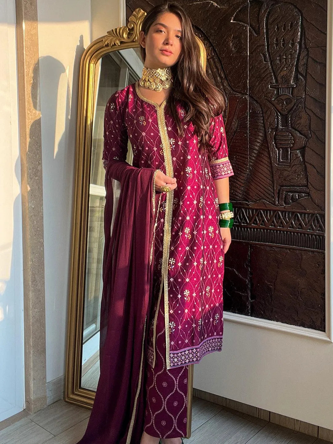 Purple Printed Silk Blend Suit Set - Jashvi