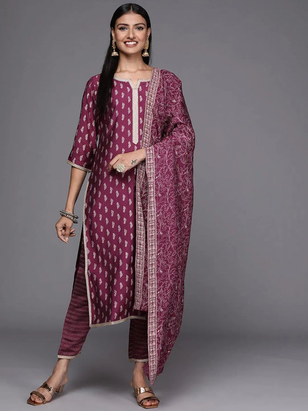 Purple Printed Silk Blend Straight Suit Set - Jashvi