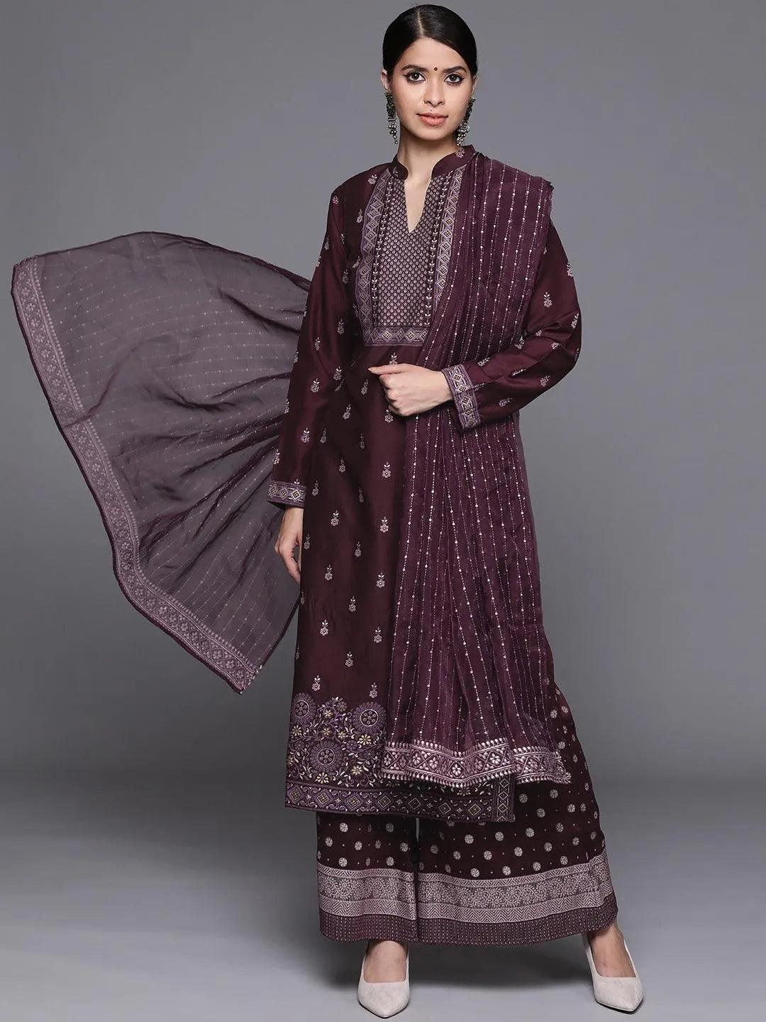 Purple Printed Silk Blend Suit Set - Jashvi