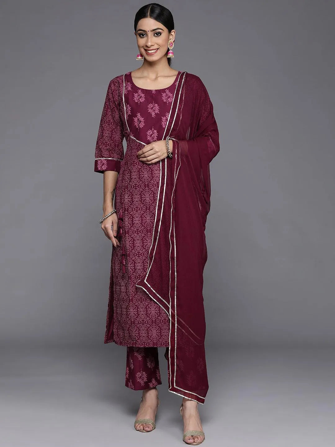 Purple Printed Silk Blend Straight Suit Set With Trousers - Jashvi