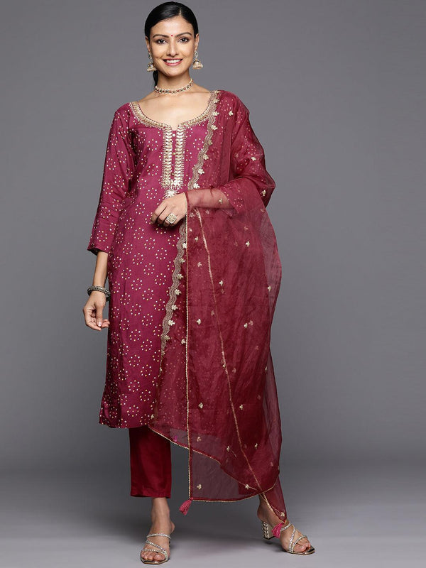 Purple Printed Silk Blend Straight Kurta With Trousers & Dupatta - Jashvi