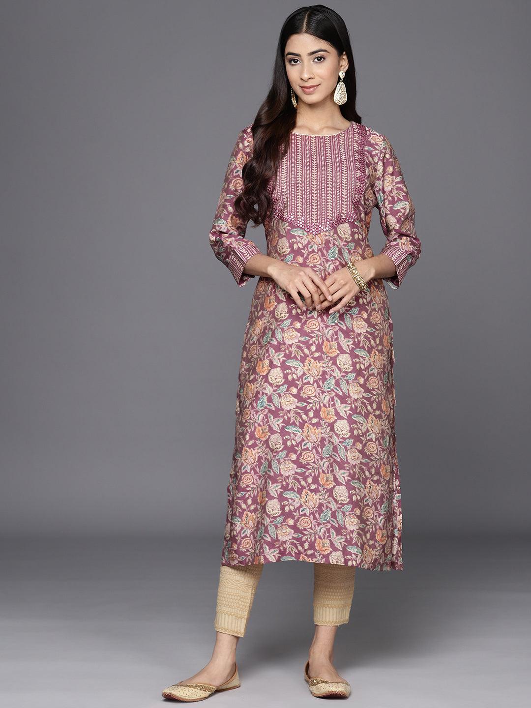 Purple Printed Silk Straight Kurta - Jashvi