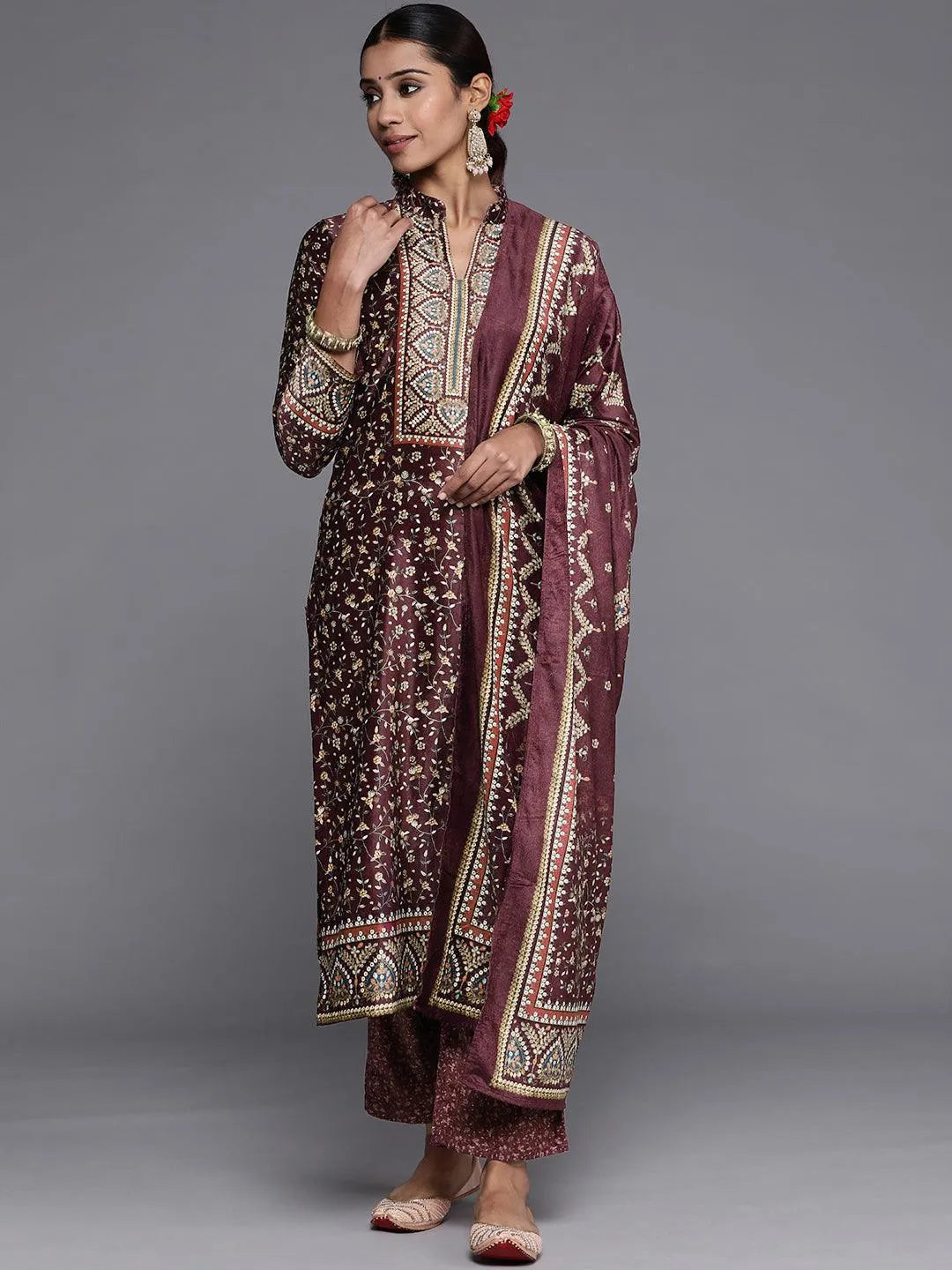 Purple Printed Velvet Straight Suit Set With Trousers - Jashvi