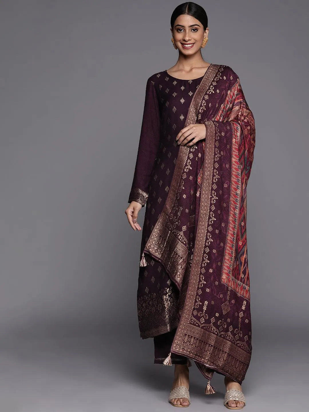 Purple Self Design Pashmina Wool Straight Suit Set - Jashvi