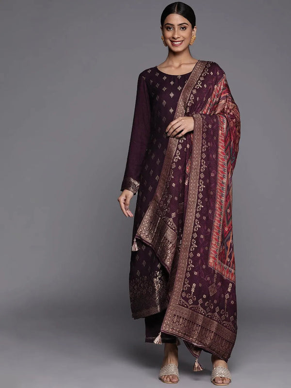 Purple Self Design Pashmina Wool Straight Suit Set - Jashvi