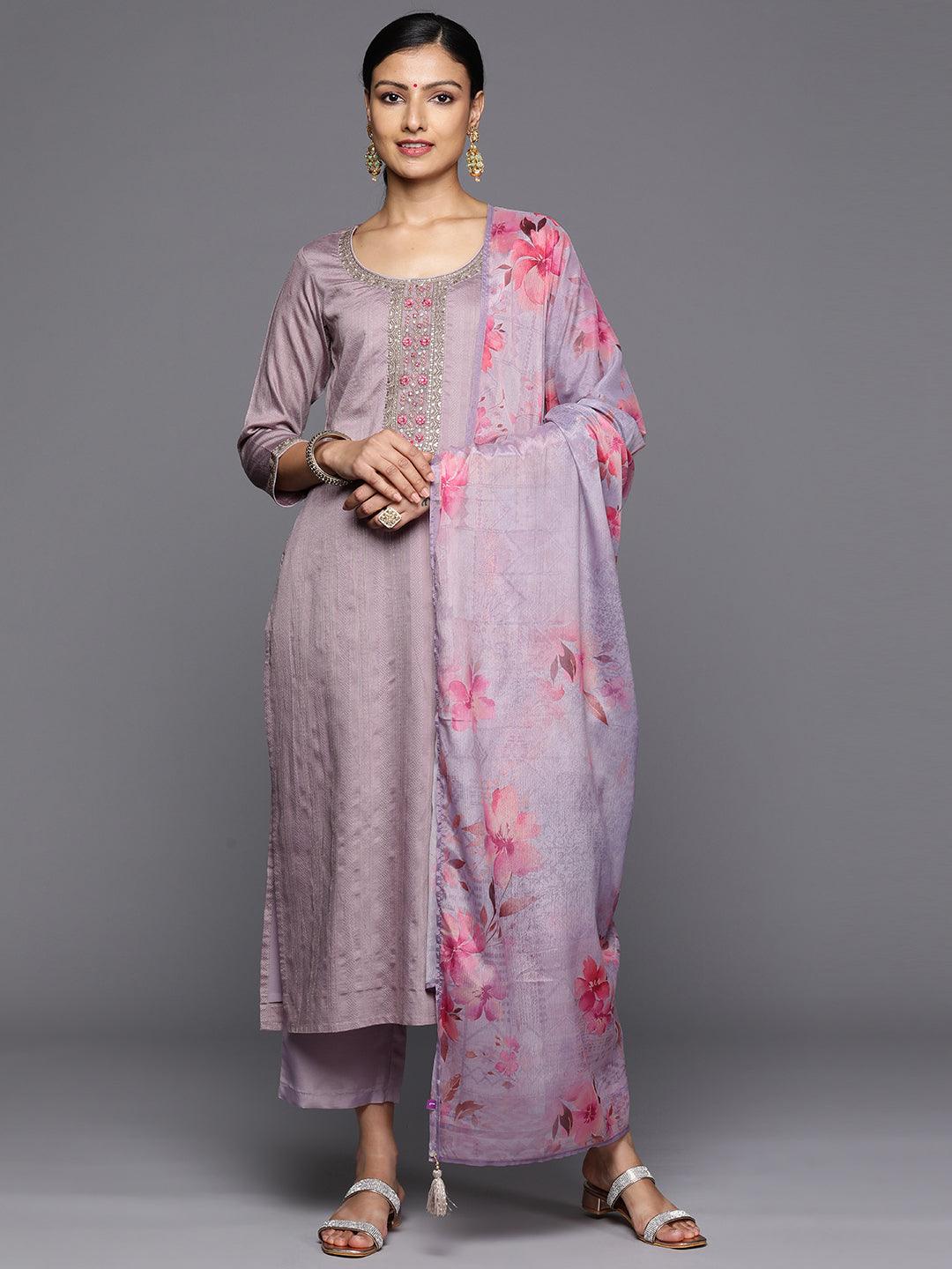 Purple Self Design Rayon Straight Kurta With Trousers & Dupatta - Jashvi