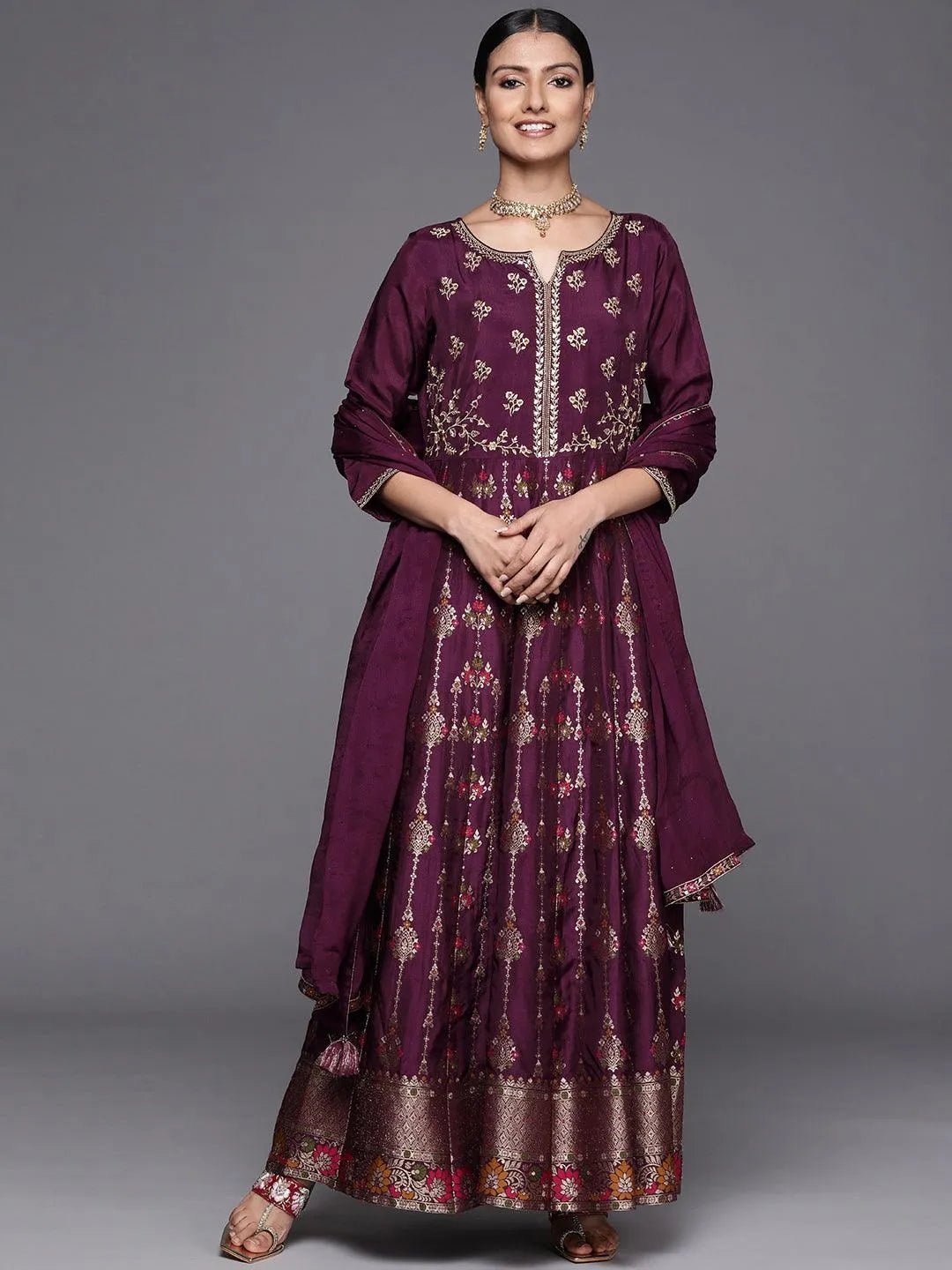 Purple Self Design Silk Anarkali Suit Set - Jashvi