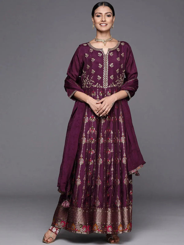 Purple Self Design Silk Anarkali Suit Set - Jashvi