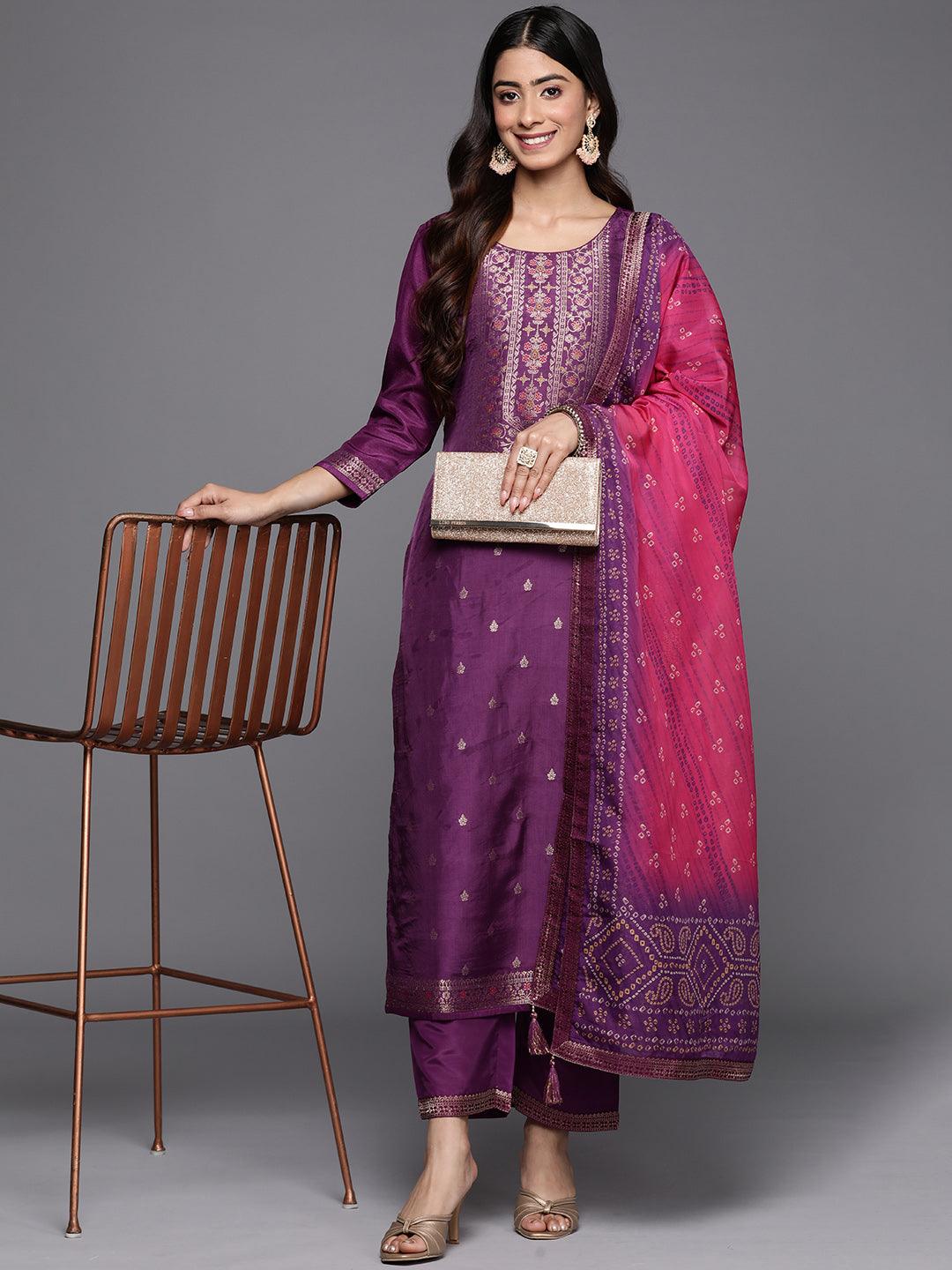 Purple Self Design Silk Blend Straight Suit Set With Trousers - Jashvi