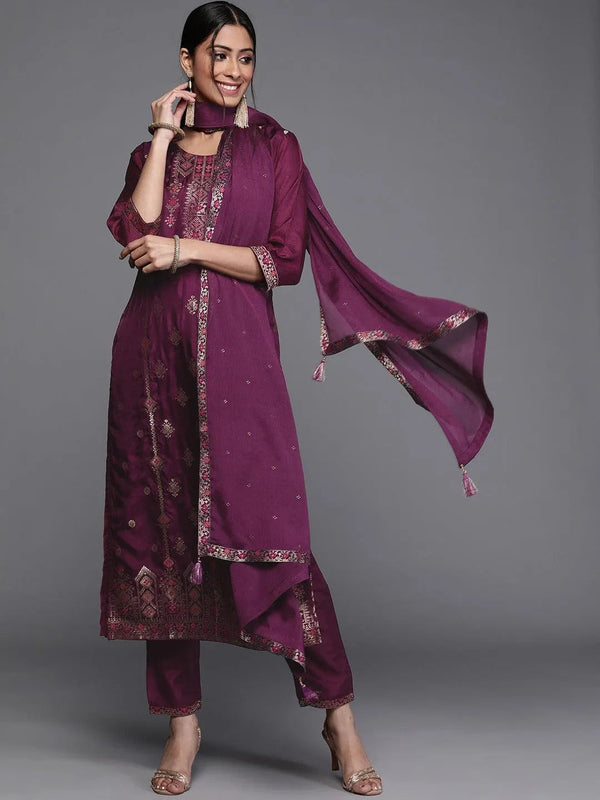 Purple Self Design Silk Straight Suit With Dupatta