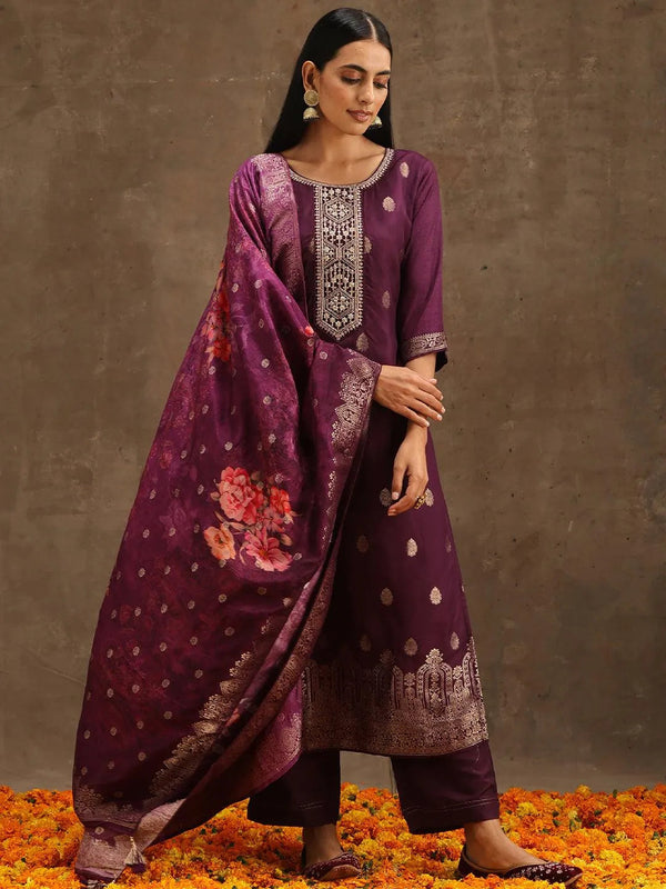 Purple Self Design Silk Suit Set With Trousers - Jashvi