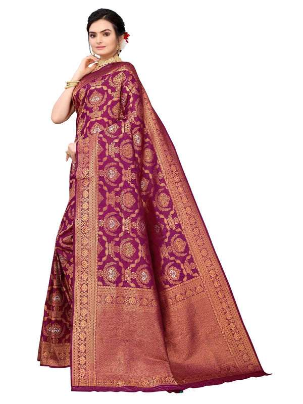 Women's Purple Silk Blend Woven Saree With Blouse - Odette