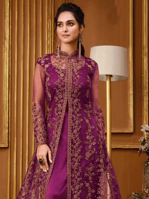 Women's Purple Soft Net Heavy Designer Embroidery Diamond Kurta Set - Odette