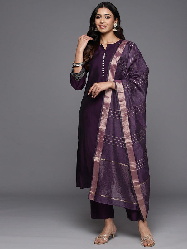 Purple Solid Silk Blend Straight Kurta With Trousers & Dupatta - Jashvi