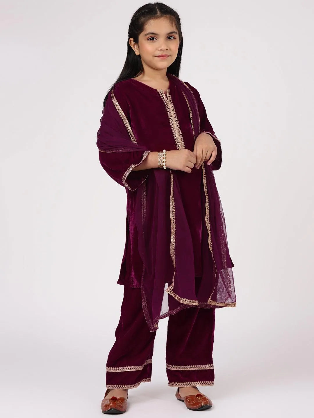 Purple Solid Velvet Straight Suit Set - Jashvi