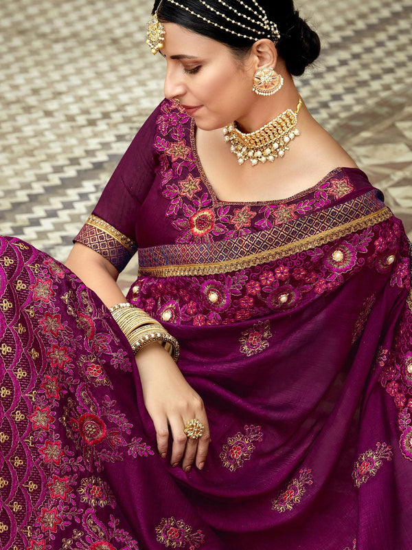 Women's Purple Stunning Embroidered Art Silk Saree - Odette