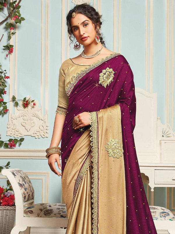 Women's Purple Unique Cut Patch Work  Saree - Odette