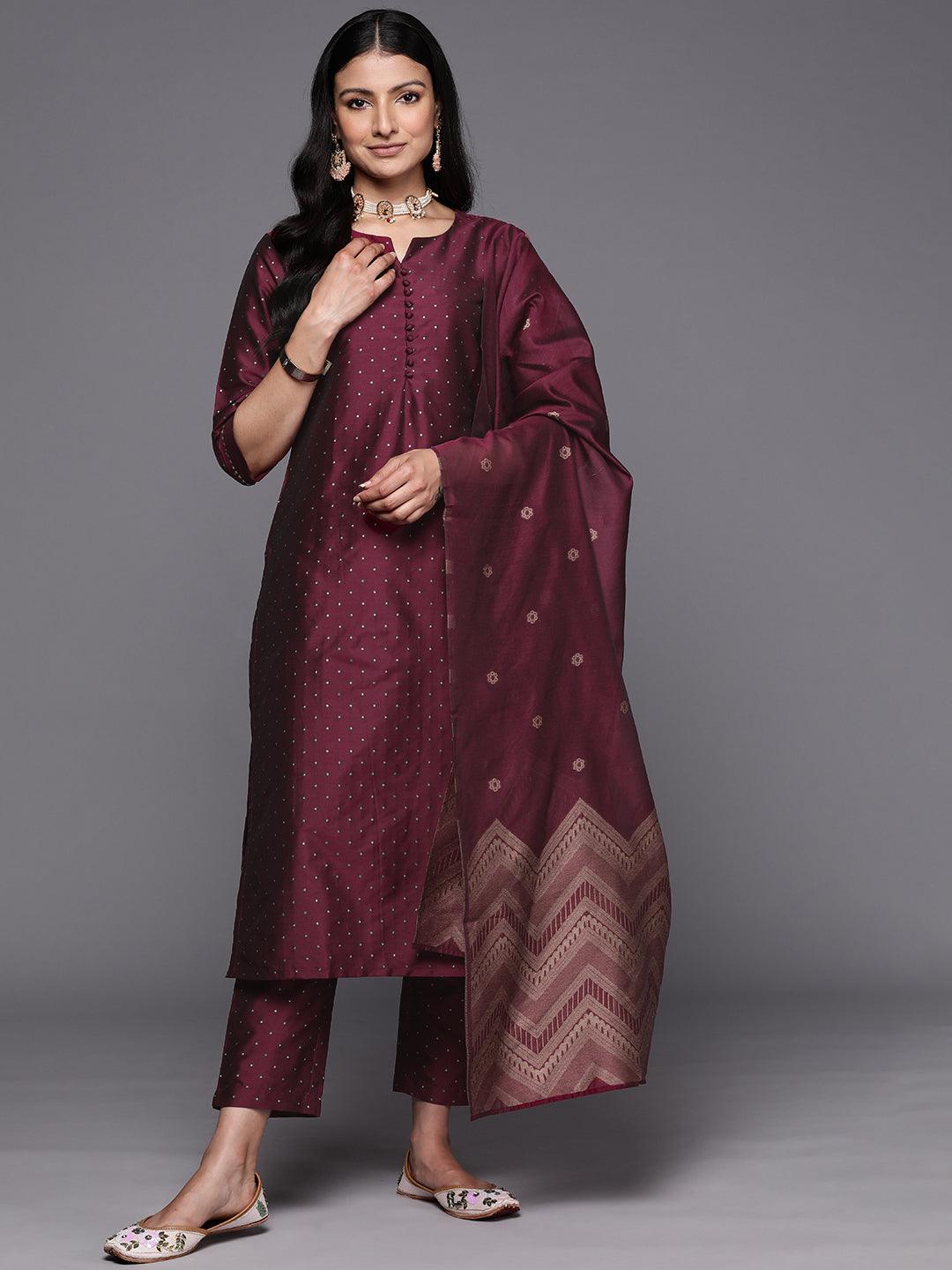 Purple Woven Design Art Silk Straight Suit Set With Trousers - Jashvi